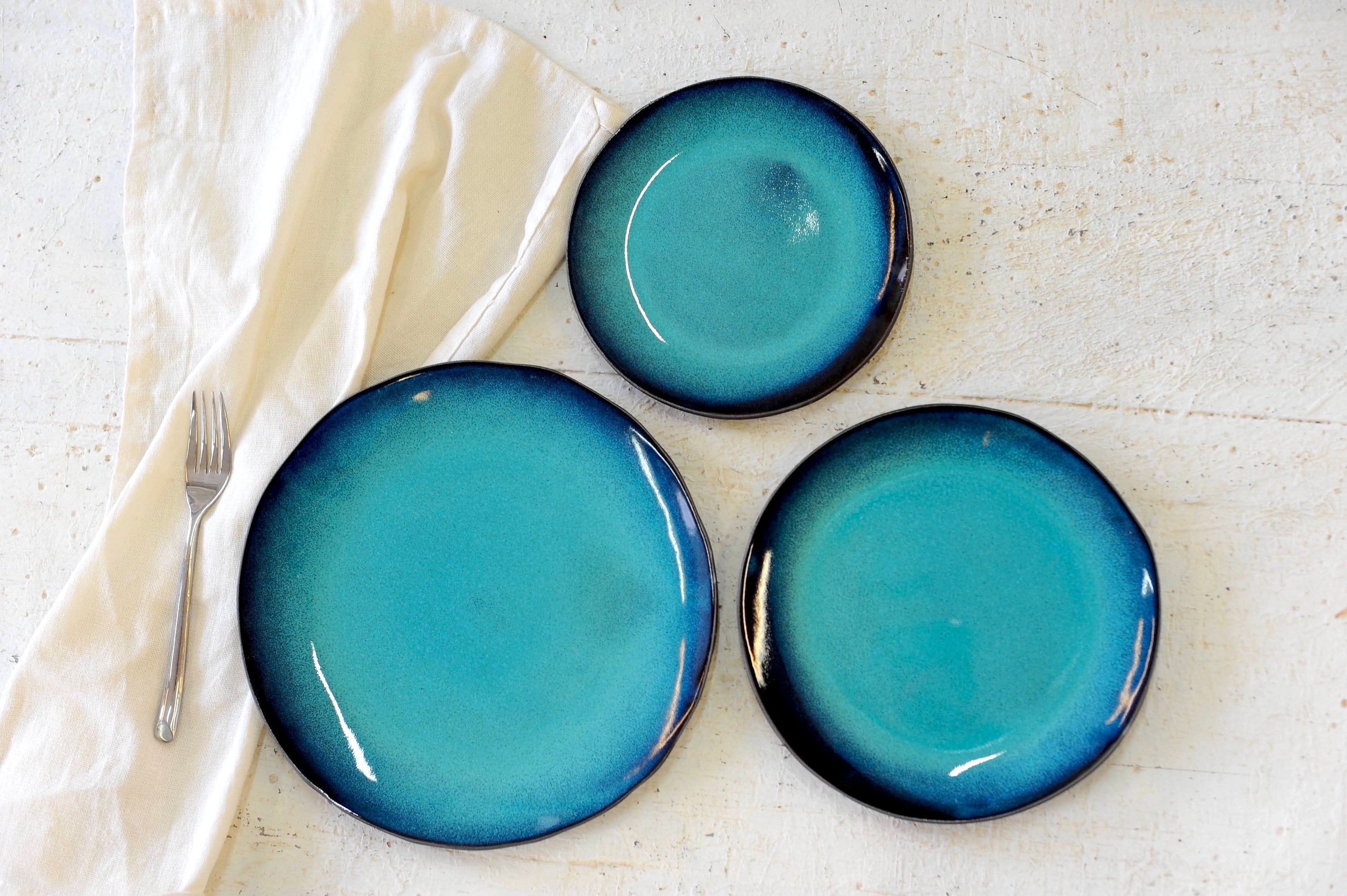 Three Piece blue Ceramic Dinner Set for 2 Etsy