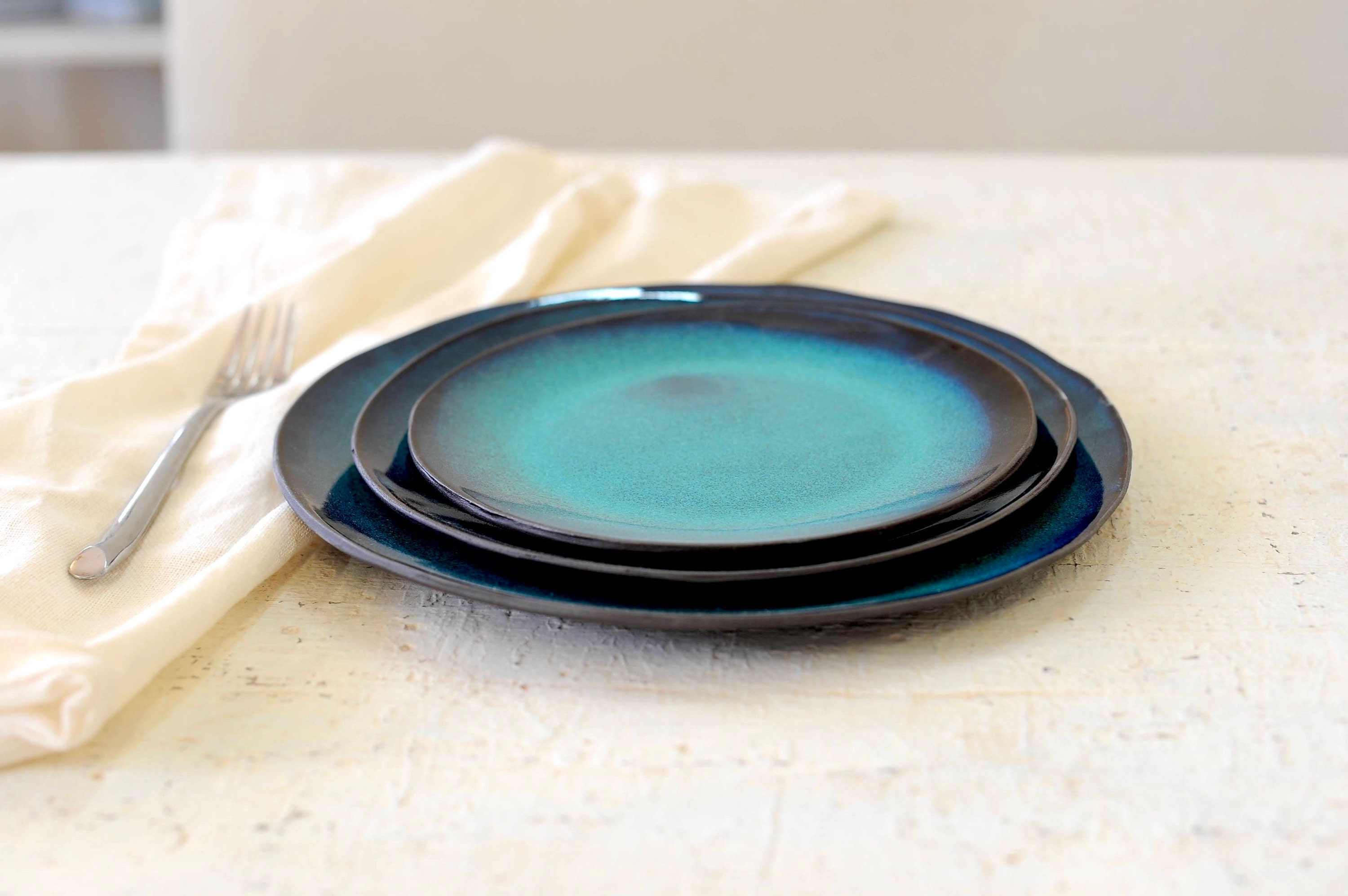 Three Piece blue Ceramic Dinner Set for 2 Etsy