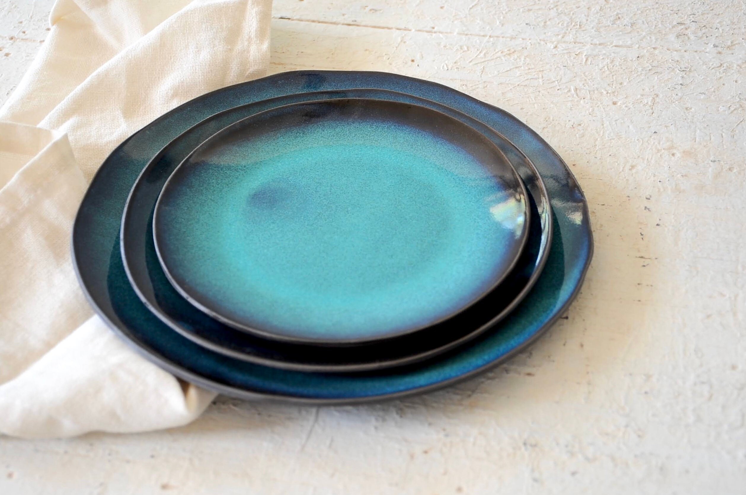 Three Piece blue Ceramic Dinner Set for 2 Etsy
