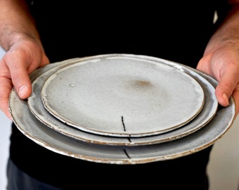 Ceramic plates set, 3 rustic white pieces