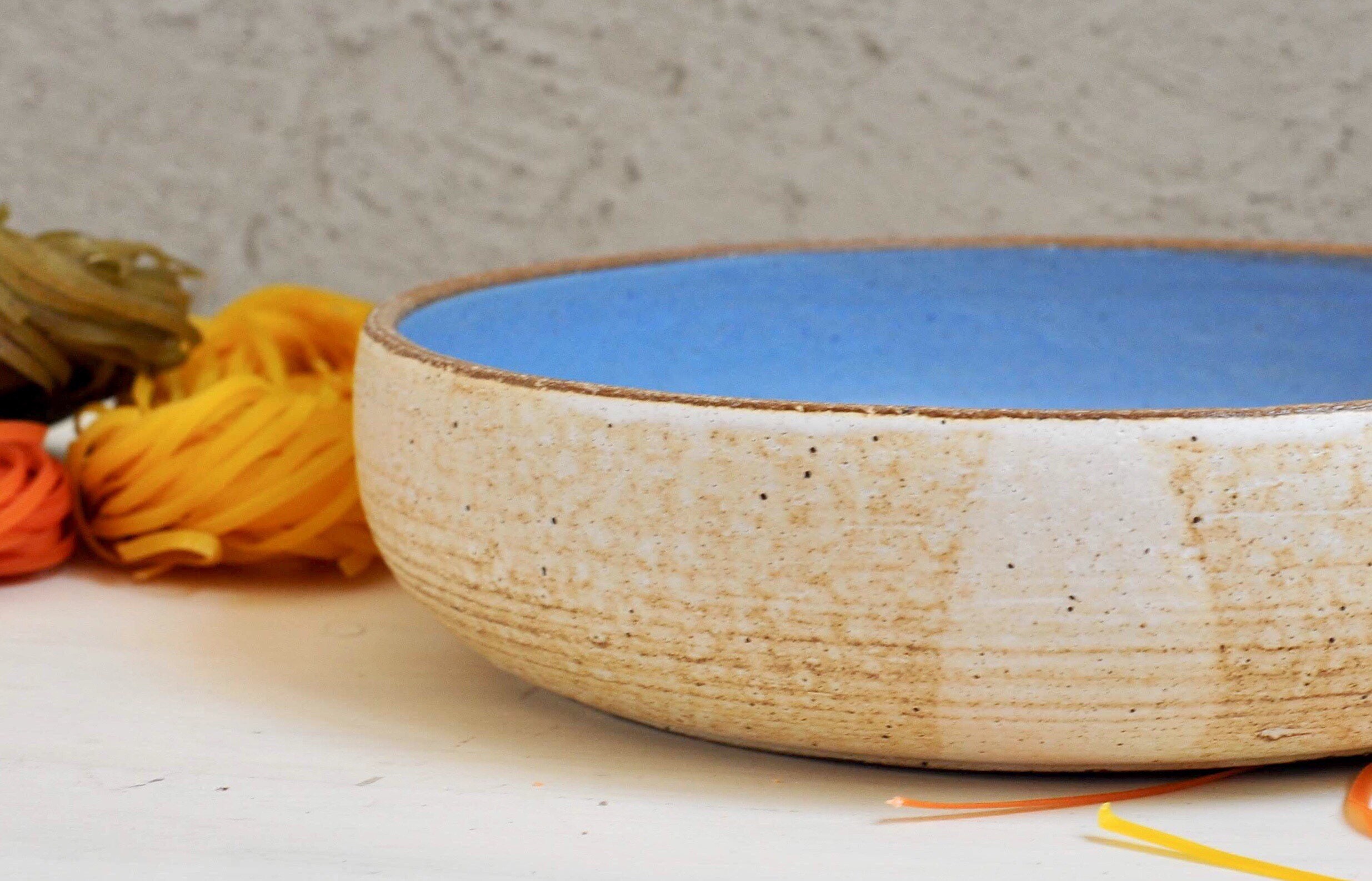 Bol en Céramique, Bol Bleu, Poterie, Saladier, à Fruits, de Service, Cadeau Noël, Décoration, Grand 