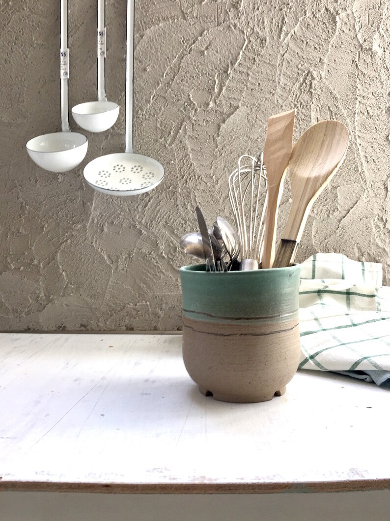 utensils holder pottery pot handmade utensils holder pottery utensils holder cultery dryer Ceramic utensils holder green kitchenware
