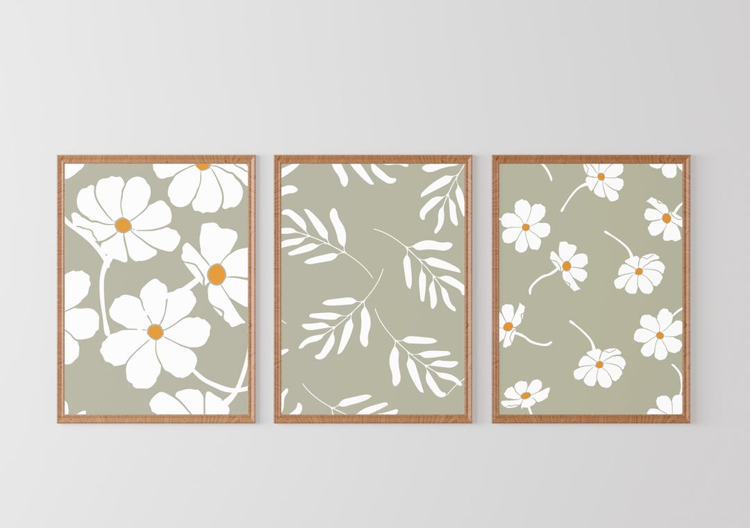 Sage Daisy Flower Prints Set, Chic Floral Wall Art Trio, Modern ...