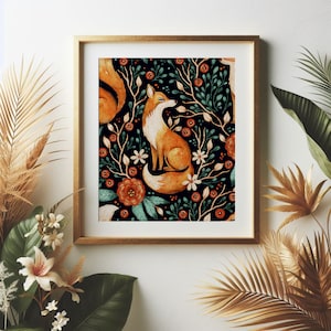Fox William Morris Print Wall Art, Dark Gothic Cottagecore Printable, Dark Academia Print, Goth Wall Art, Woodland Animal