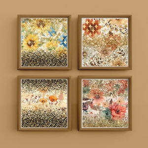 Gold Glitter Flower Print, Printable Wall Art, Colorful Floweret Home Decor, Abstract Art, Digital Download