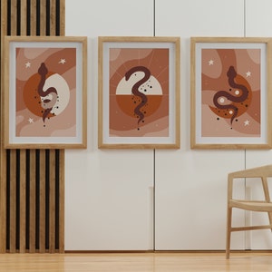 Snake Art Print, Set of 3 Abstract Serpent Art Poster, Sun Snake of Fertility, Bohemian Art, Nature Decor, Reptiles Modern Art