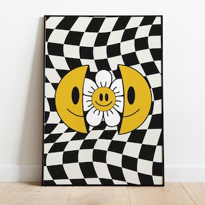 Arte de pared con estampado de cara sonriente con flores, póster ilustrativo a cuadros en blanco y negro, descarga digital