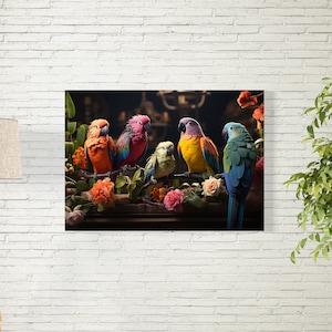 Macaw Parrots Perched on Branch Wall Art, Instant Download Printable Home Decor, Colorful Parrots Prints, Birds Hanging