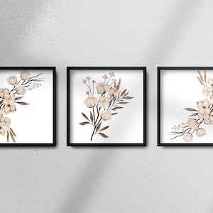 Floral Cotton Print Wall Art, Minimalist Boho Home Decor, Cotton Flower Branch, Cotton flower Set of 3  Artwork, Digital Download