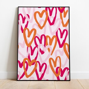 Stampa artistica da parete con cuori rosa, arte astratta con cuori, poster alla moda, stampa rosa-arancio, arredamento per dormitori universitari