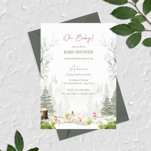 Modello di invito per baby shower modificabile, biglietto da visita con stampa Greenery, invito modificabile digitale Canva, download digitale