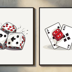 Zestaw 2 kart do gry i kości do gry, grafika ścienna, Royal Flush Clip Art, modny retro wydruk, wystrój pokoju pokerowego, wydruk z kością, pobieranie cyfrowe