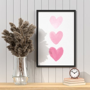 Pink Watercolor Heart Wall Art, Heart Shaped Watercolor Art Print, Pink Hearts, Digital Download, Valentine&#39;s Day Gifts