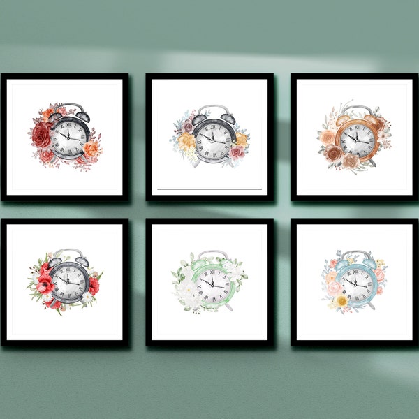 Floral Clock Wall Art Set of 6, Vintage Clock, Printable Floral clipart, High Quality JPGs, Digital download, High Resolution
