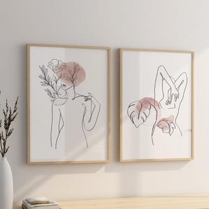 Set of 3 Woman Flower Naked Line Art Set, Feminist Wall Art Set, Feminine Woman Poster Set, Abstract Woman Body Line Drawing