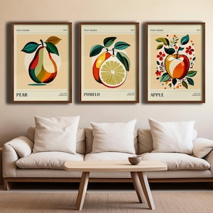 Fruits Painting Wall Art, Set of 3 Minimalist Fruit Prints, Aesthetic and Minimalist Digital Art, Fruit Inspired Illustrations
