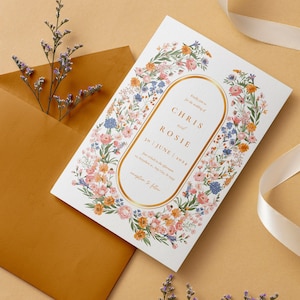 Editable Colorful Wedding Invitation Template, Printable Wedding Invitation, Boho Wildflower Invitation, Floral Wreath, Digital Download