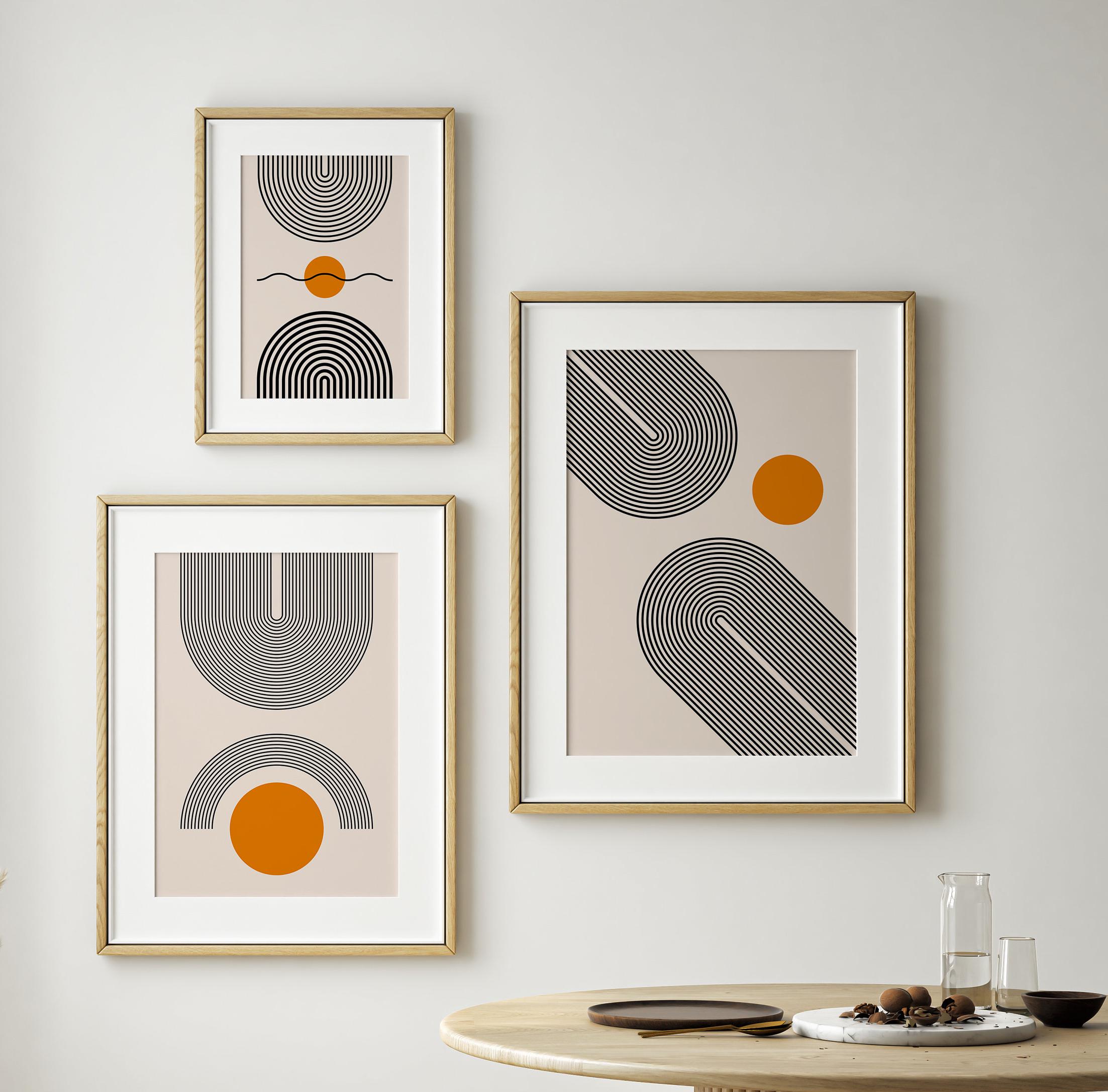 Set of 3 Black and Orange Abstract Wall Art, Geometric