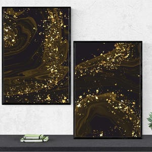 Golden Glitter Painting, Elegant Home Decor, Black Gold Painting Art Prints, Instant Download