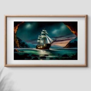 Pirate Ship Print Wall Art, Pirate Printable Art, Vintage Ship Ocean Painting, Nautical Seascape Wall Art, Digital Download
