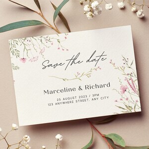 Save The Date Wedding Editable Template, Minimalist Printable Invite,  Modern Flowery Save the Date Print, Instant Download