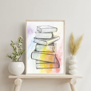 Stack Of Books Illustration Print, Library Decor, Books Wall Art, Black and White Books Art, Digital Download
