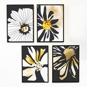 Modern Black Gold Floral Art Prints, Stylish Home Decor Set, Minimalist Wall Art, Instant Download