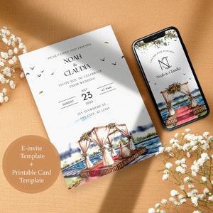 Plantilla de invitación electrónica editable y plantilla de tarjeta imprimible, pintura de acuarela para el lugar, plantilla de invitación de boda editable, descarga instantánea