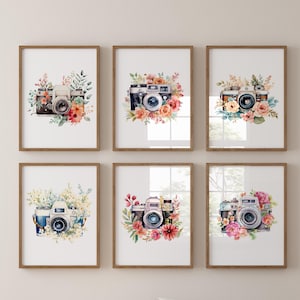 Aquarell Blumen Kamera digitaler Kunst-Druck, Blumen Kamera Kunst, Blumen Fotokamera mit bunten Blumen Vintage Design, digitaler Download