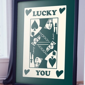 Kleurrijke Lucky You-speelkaartafdrukken, Lucky You-poster, Queen of Hearts-print, Lucky You-muurkunst, trendy retro muurkunst, digitale download