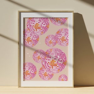 Pink and Orange Disco Ball Print, Preppy Wall Art, Girly Dorm Room Apartment Decor, Groovy Poster, Girly Trendy Maximalist Room Decor