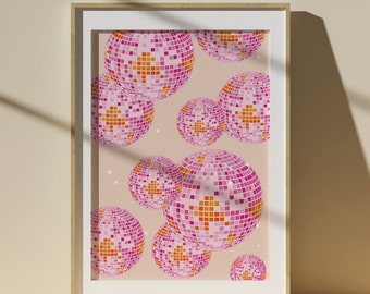 Pink and Orange Disco Ball Print, Preppy Wall Art, Girly Dorm Room Apartment Decor, Groovy Poster, Girly Trendy Maximalist Room Decor