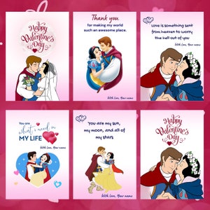 Tarjeta digital de San Valentín de Blancanieves, tarjeta de amor editable, descarga instantánea, juego de 6 tarjetas de San Valentín imprimibles (tamaño: 5 x 7")