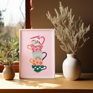 Colorful Retro Mug Floral Art, Colorful  Kitchen Wall Art, Dining Room Print, Fun Kitchen Decor, Tea Cups, Tea Print, Instant Download