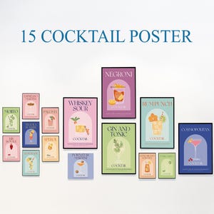 Set of 15 Cocktail Prints, Classic Cocktail Wall Art, Minimalist Alcohol Prints, Bar Cart Decor, Retro Cocktail Poster, Digital Download