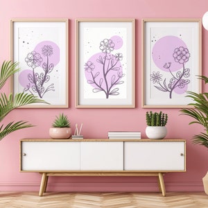 Lilac Floral Print Set of 3, Flower Home Decor, Abstract Flowers Printable Wall Art, Flower Line Art Drawing, Digital Download
