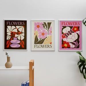 Set of 3 Flower Market Prints, Exhibition Posters, Botanical Prints, Flower Print Set, Gallery Wall Art, Floral Boho Wall Art Poster Prints