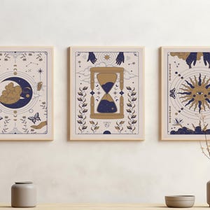 Celestial Moon Sun Tarot Art Set - Mystical Boho Decor, Astrology Print, Set of 3, Digital Download