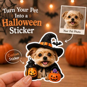 Custom Pet Photo Halloween Stickers, Personalized Dog or Cat Die Cut Stickers, Treat Bag Stickers, Halloween Party Favors
