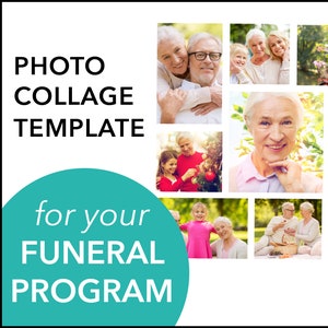 Puede incluir: Una plantilla de collage de fotos para un programa de funeral. La plantilla presenta nueve fotos de una familia, incluyendo una pareja, niños y nietos. El texto "PHOTO COLLAGE TEMPLATE for your FUNERAL PROGRAM" se muestra en el lado izquierdo de la imagen.