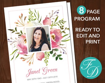 printable funeral program template 8 page celebration of etsy