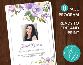 printable funeral program template 8 page celebration of etsy