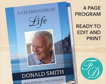 Blue Funeral Program Template for Man | Male Funeral Program | Celebration of Life Program | Memorial Program for Men | Obituary Template