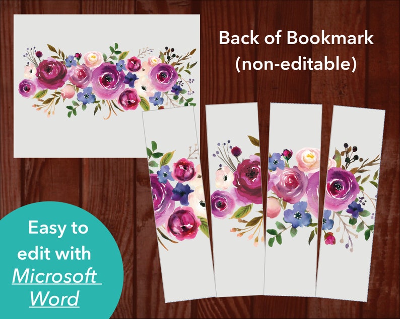 Peut inclure: Mod&egrave;le de marque-page imprimable avec un motif floral aquarelle aux fleurs roses, violettes et blanches. Le marque-page est facile &agrave; modifier avec Microsoft Word. Le dos du marque-page n'est pas modifiable.