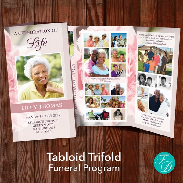 11x17 Trifold Funeral Program Template with Pink Carnations | Tabloid Trifold | Tri-fold Obituary Template | Tri Fold Memorial Program 0112