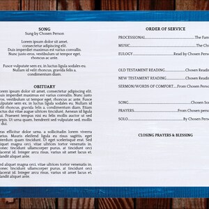 May include: A black and white order of service for a funeral or memorial service. The order of service includes the processional, music, eulogy, old testament reading, new testament reading, sermon/words of comfort, song, prayers, solo, and closing prayers and blessing. The text is in a traditional font and is centered on the page.
