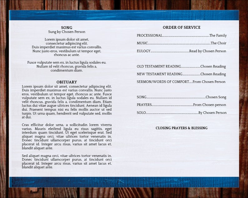 May include: A black and white order of service for a funeral or memorial service. The order of service includes the processional, music, eulogy, old testament reading, new testament reading, sermon/words of comfort, song, prayers, solo, and closing prayers and blessing. The text is in a traditional font and is centered on the page.