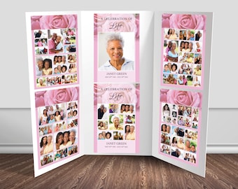 Funeral Poster & Welcome Sign Bundle with Pink Rose | Funeral Photo Display with 6 Celebration of Life Posters for Funeral Memory Board 0199
