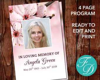 Pink Funeral Program Template | Pink Flowers Funeral Template | Pink Floral Memorial Program | Pink Celebration of Life Program Template