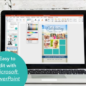 May include: A laptop screen displaying a PowerPoint slide with a blue and white background. The slide has a collage of photos with the text 'Celebrating the Life of James Matthews May 20th 1943 - July 30th 2021'.